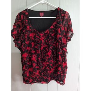 212 collection Womens 1 X red black ruffle shirt blouse top sheer accents